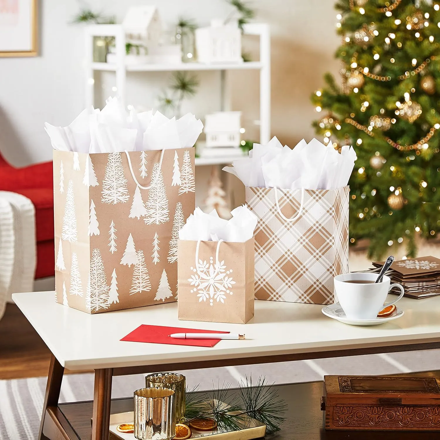 Hallmark Assorted Christmas Gift Bags, Recyclable Kraft Brown with Snowflake, Plaid and Trees (8 Bags: 3 Small 6", 3 Medium 9", 2 Large 13") for Holiday Parties, Hanukkah, Winter Weddings