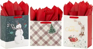 Hallmark Christmas Gift Bag Assortment with Tissue Paper (3 Bags: 2 Large 13", 1 Large Horizontal 10") Santa with Sleigh, Red and Green Plaid, Snowman on Black