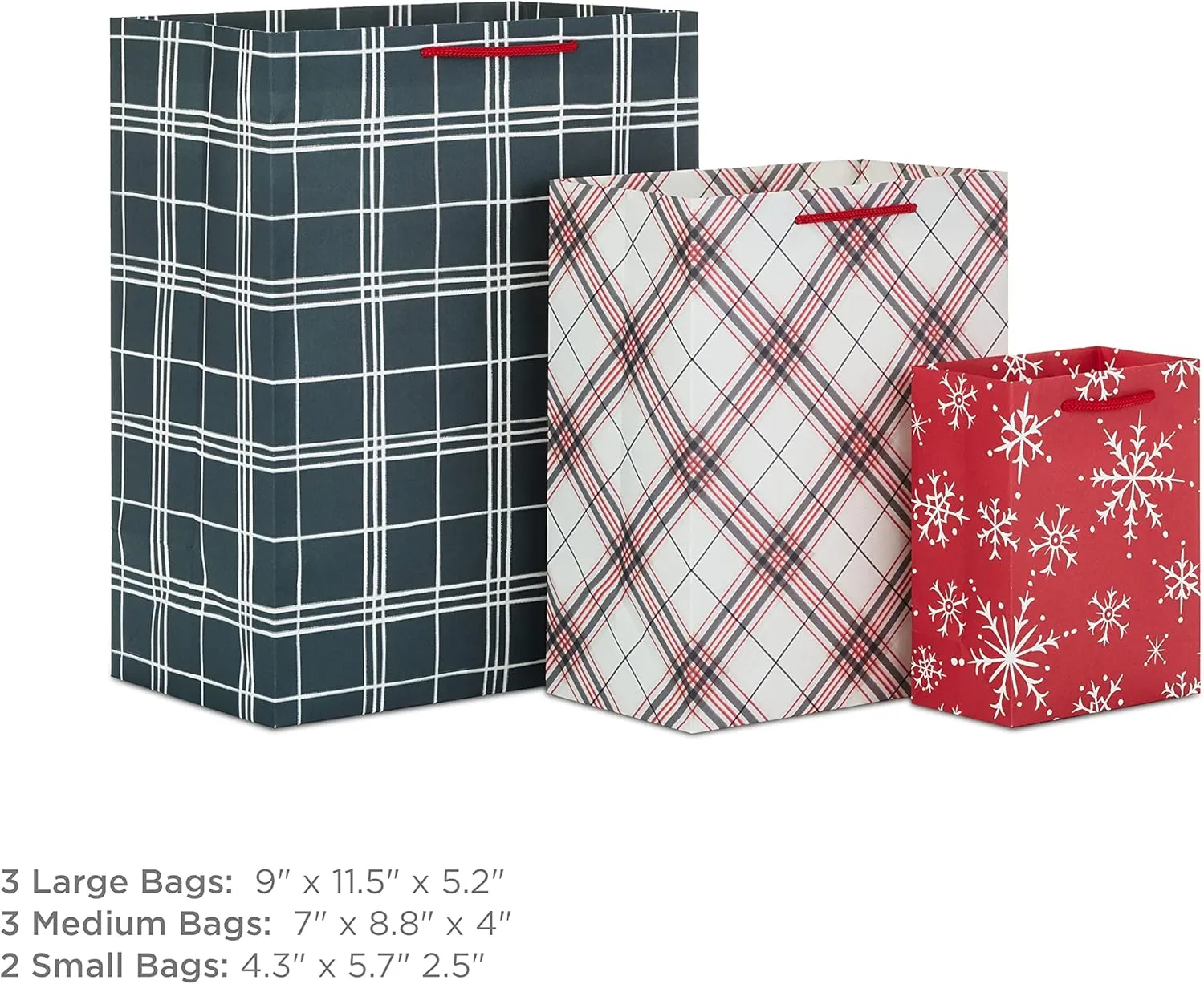 Hallmark Classic Christmas Gift Bag Assortment (8 Bags: 2 Small 5", 3 Medium 8", 3 Large 11") Red and Green, Santa Claus, Snowman, Red Truck, Plaid, Snowflakes, Merriest Christmas to You