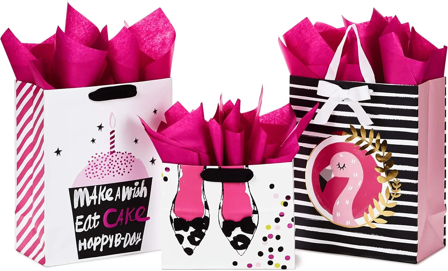 Hallmark Gift Bags Assortment with Tissue Paper - Pink and Black Cupcake, Shoes, Flamingo (Pack of 3: 2 Large 13" and 1 Medium 7" Gift Bags) for Birthdays, Mother's Day, Baby Showers, Bridal Showers
