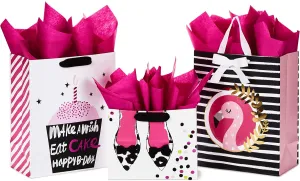 Hallmark Gift Bags Assortment with Tissue Paper - Pink and Black Cupcake, Shoes, Flamingo (Pack of 3: 2 Large 13" and 1 Medium 7" Gift Bags) for Birthdays, Mother's Day, Baby Showers, Bridal Showers