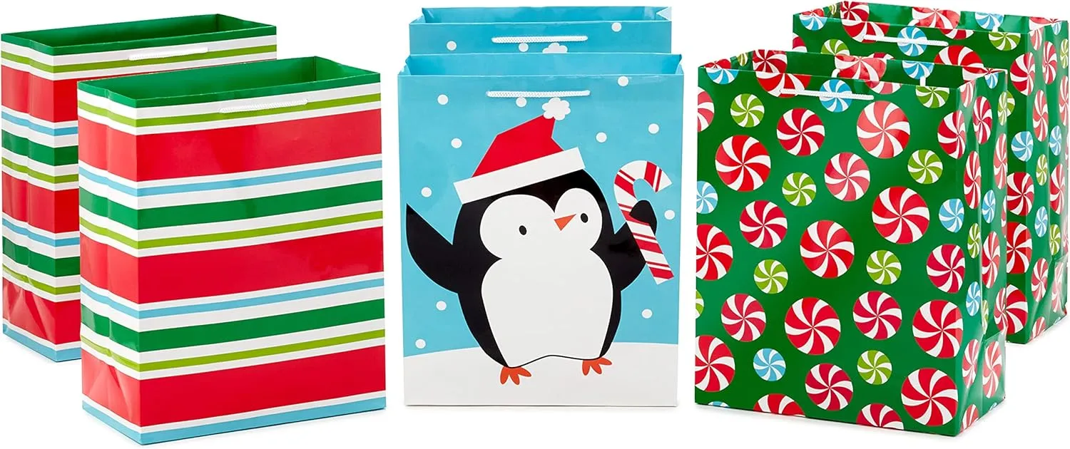 Hallmark Image Arts 11" Large Christmas Gift Bags (6 Bags Penguins, Stripes, Peppermints) for Kids, Coworkers, Teachers