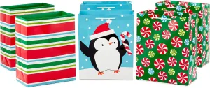 Hallmark Image Arts 11" Large Christmas Gift Bags (6 Bags Penguins, Stripes, Peppermints) for Kids, Coworkers, Teachers