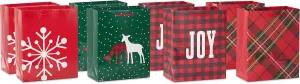 Hallmark Image Arts 8" Medium Christmas Gift Bags (8 Red and Green Bags: Plaid, Snowflake, Joy, Deer) for Teachers, Coworkers, Family