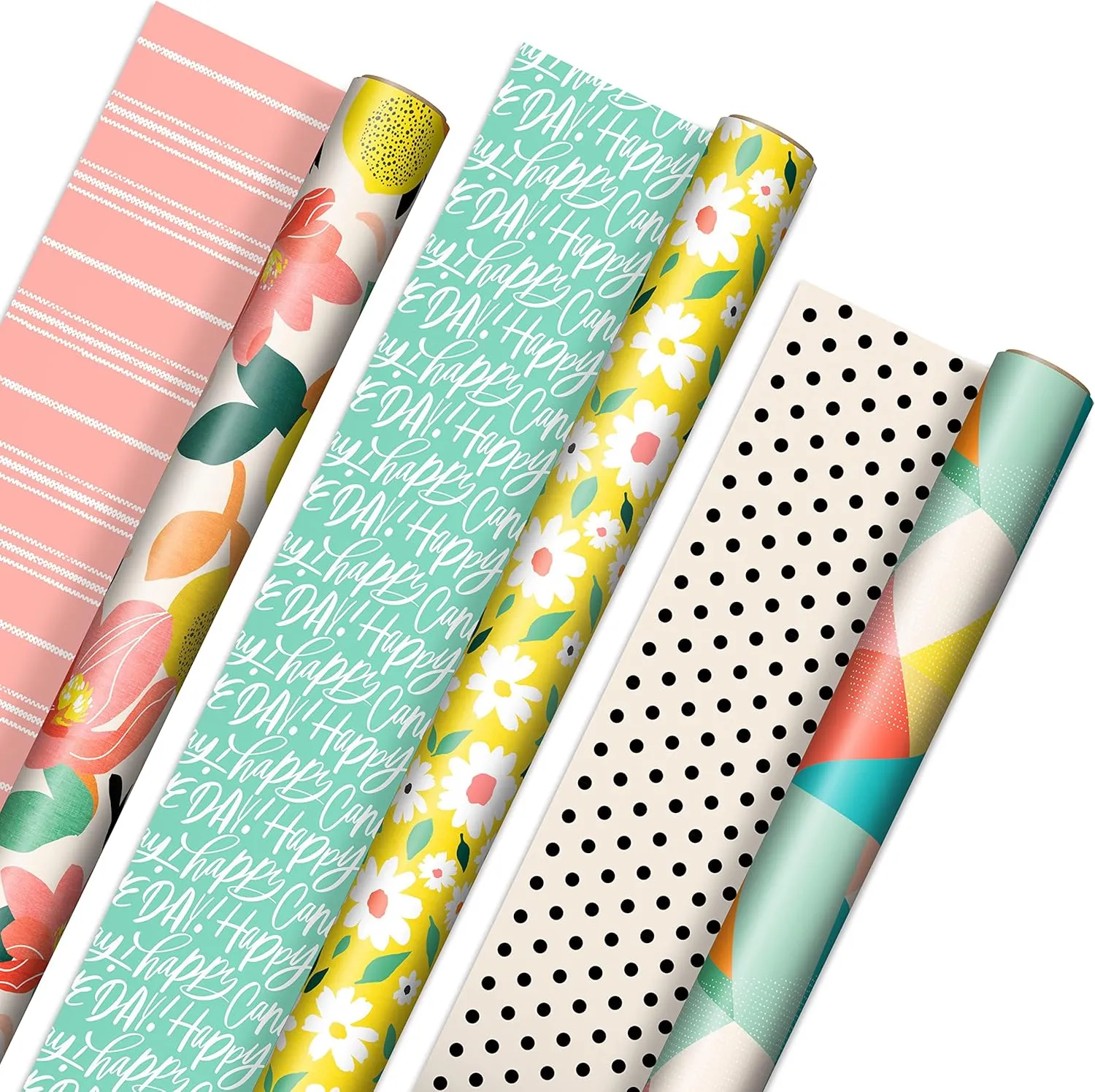 Hallmark Reversible Spring Wrapping Paper (3 Rolls: 75 Sq. Ft. Ttl) Floral, Lemons, Bright Abstract for Easter, Birthdays, Mother's Day, Bridal Showers, Baby Showers
