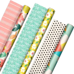 Hallmark Reversible Spring Wrapping Paper (3 Rolls: 75 Sq. Ft. Ttl) Floral, Lemons, Bright Abstract for Easter, Birthdays, Mother's Day, Bridal Showers, Baby Showers