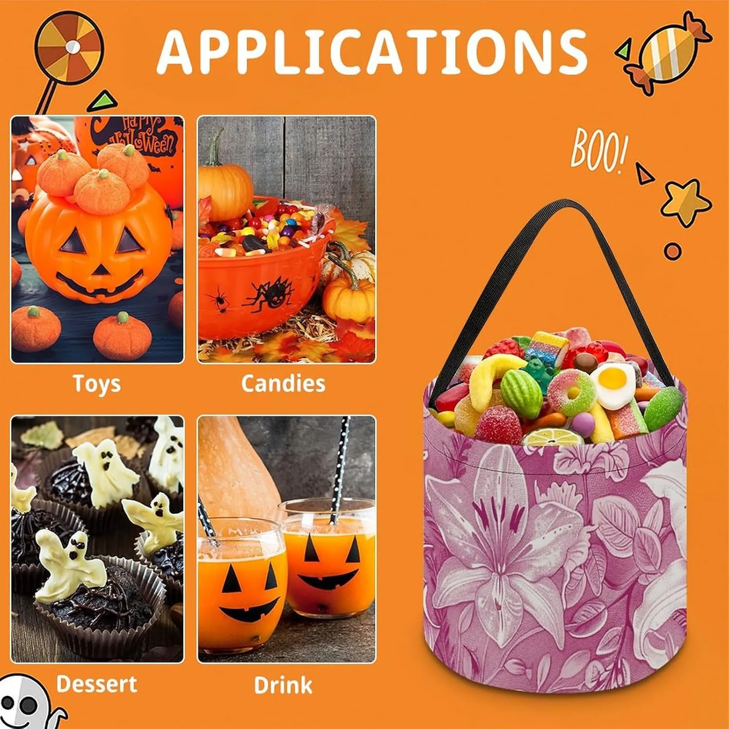 Halloween Trick Or Treat Bags Halloween Tote Bag Blue And White Flowers Gift Bags Halloween Candy Buckets