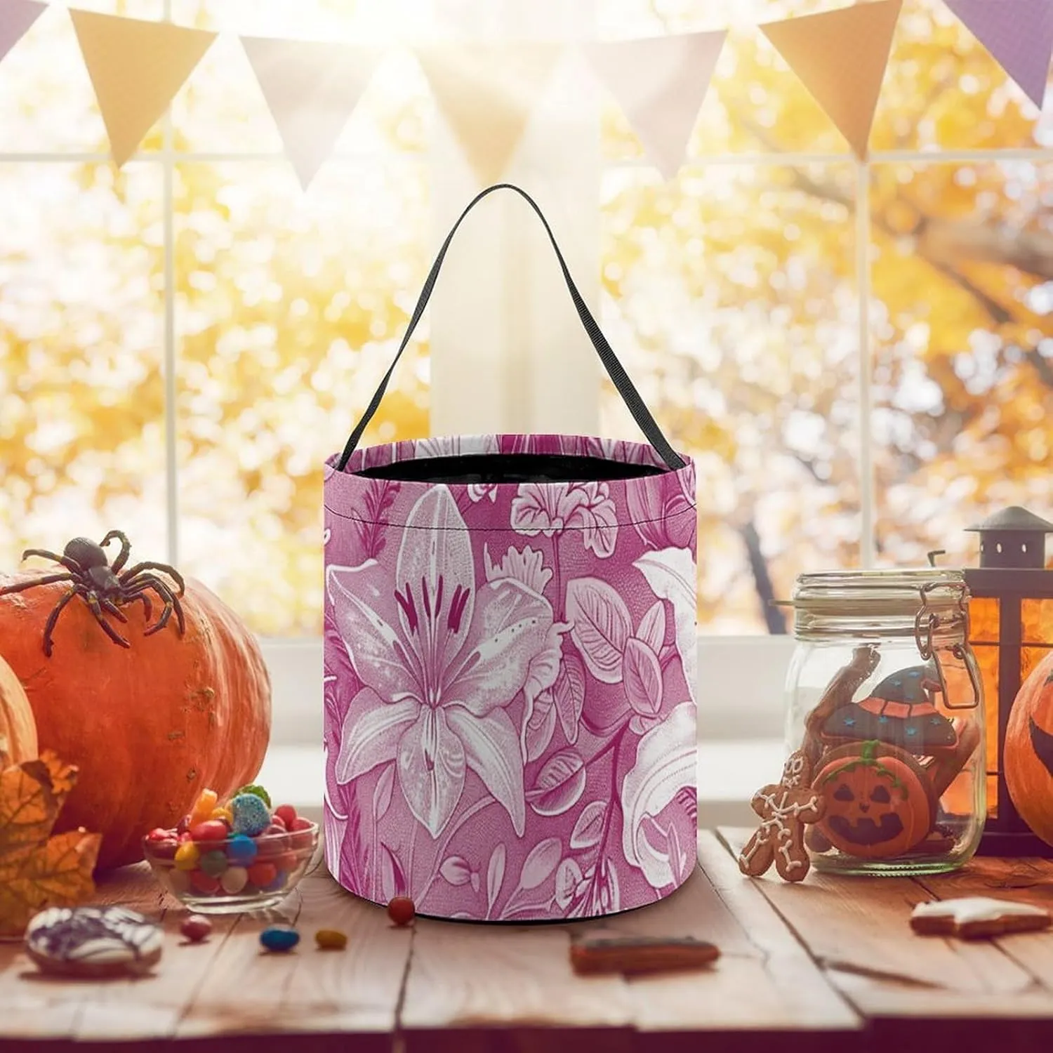 Halloween Trick Or Treat Bags Halloween Tote Bag Blue And White Flowers Gift Bags Halloween Candy Buckets