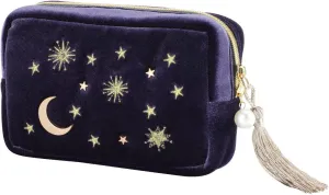 Handy cosmetic makeup bag,Navy Velvet Embroidered Applique Moon Stars Cosmetic Bag,Starry Makeup Pouch with Tassels & Pearl Zipper,Beautician Storage Bag