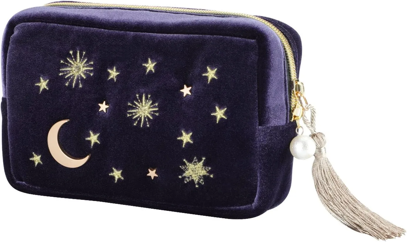 Handy cosmetic makeup bag,Navy Velvet Embroidered Applique Moon Stars Cosmetic Bag,Starry Makeup Pouch with Tassels & Pearl Zipper,Beautician Storage Bag