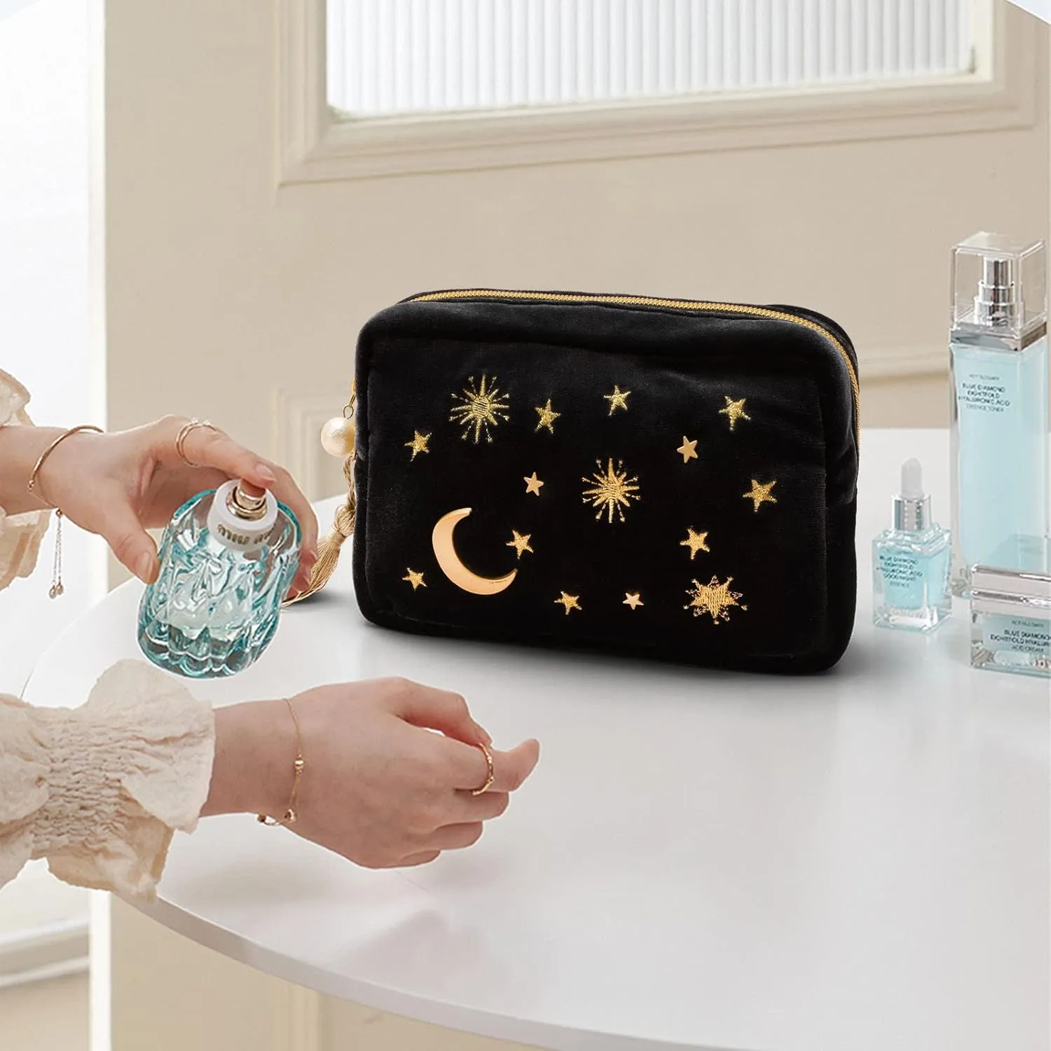 Handy cosmetic makeup bag,Navy Velvet Embroidered Applique Moon Stars Cosmetic Bag,Starry Makeup Pouch with Tassels & Pearl Zipper,Beautician Storage Bag