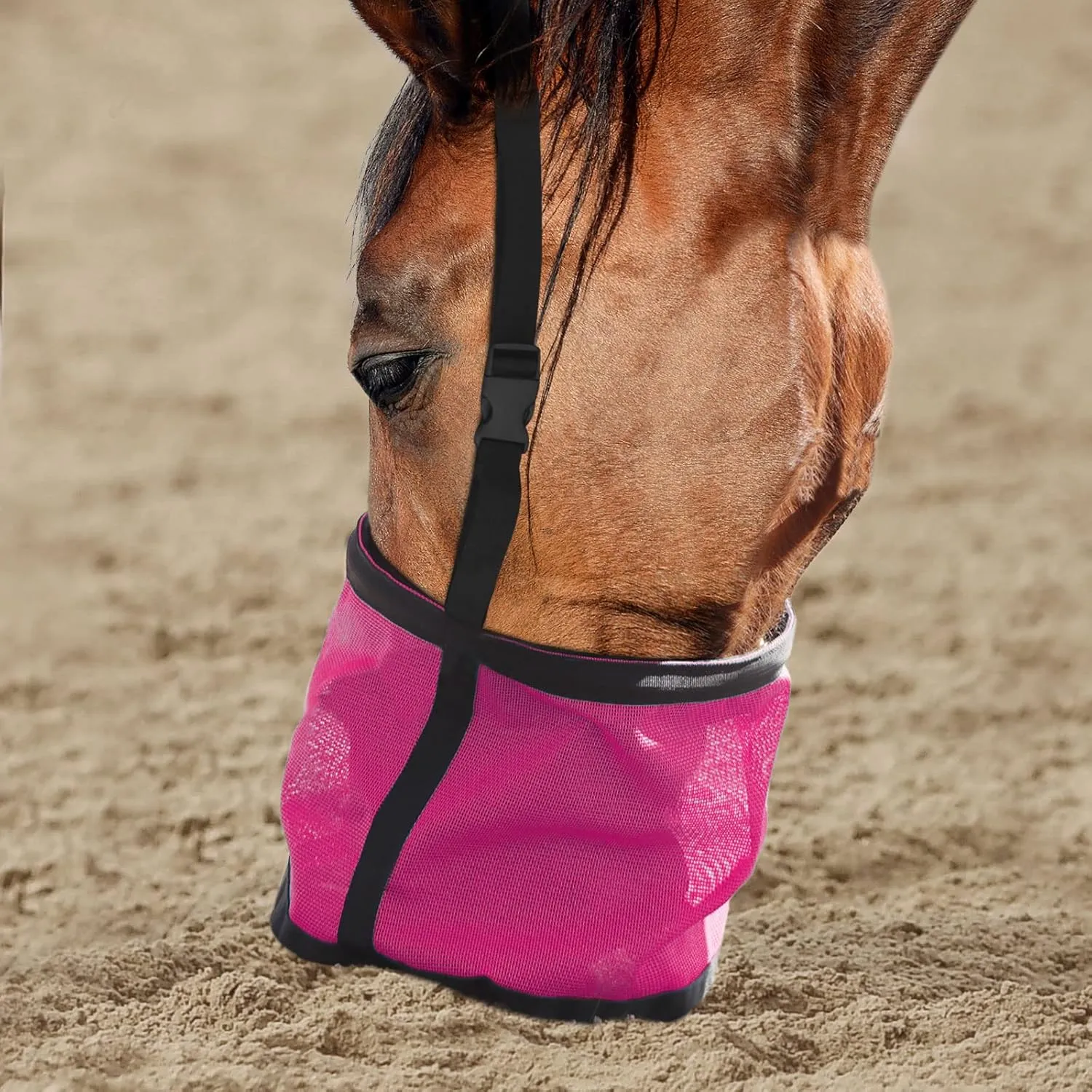 Harrison Howard Horse Muzzle Feed Bag Durable Nylon Mesh Grain Feed Bag with Adjustable Strap Rose Red Small