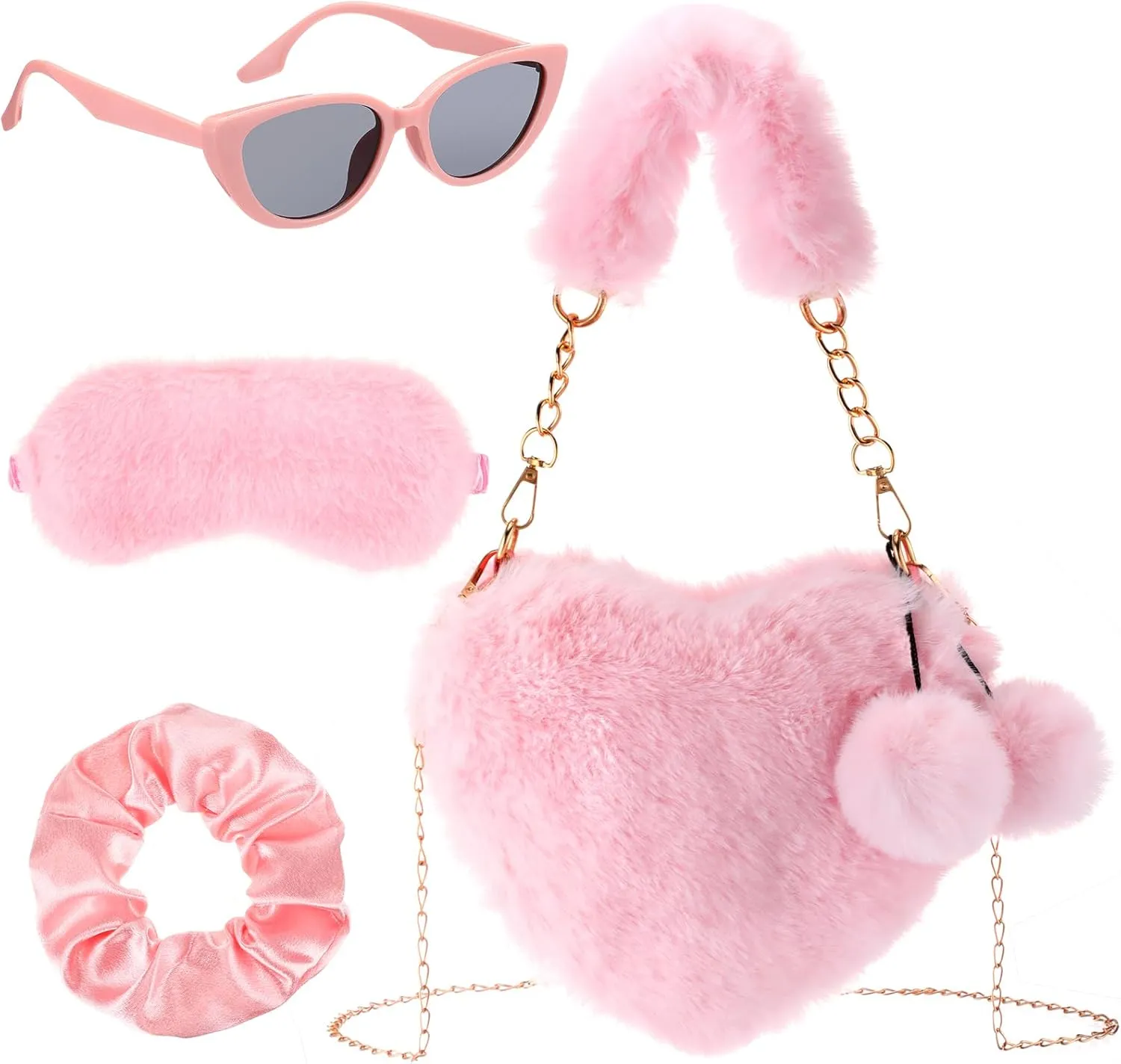 Heart Purse for Teachers Women Furry Heart Shaped Fur Soft Purses Scrunchie Sunglass Eye Mask for Gifts,Pink