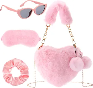 Heart Purse for Teachers Women Furry Heart Shaped Fur Soft Purses Scrunchie Sunglass Eye Mask for Gifts,Pink