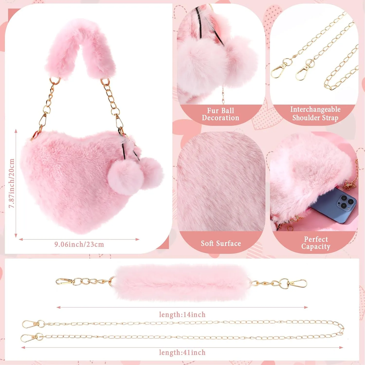 Heart Purse for Teachers Women Furry Heart Shaped Fur Soft Purses Scrunchie Sunglass Eye Mask for Gifts,Pink