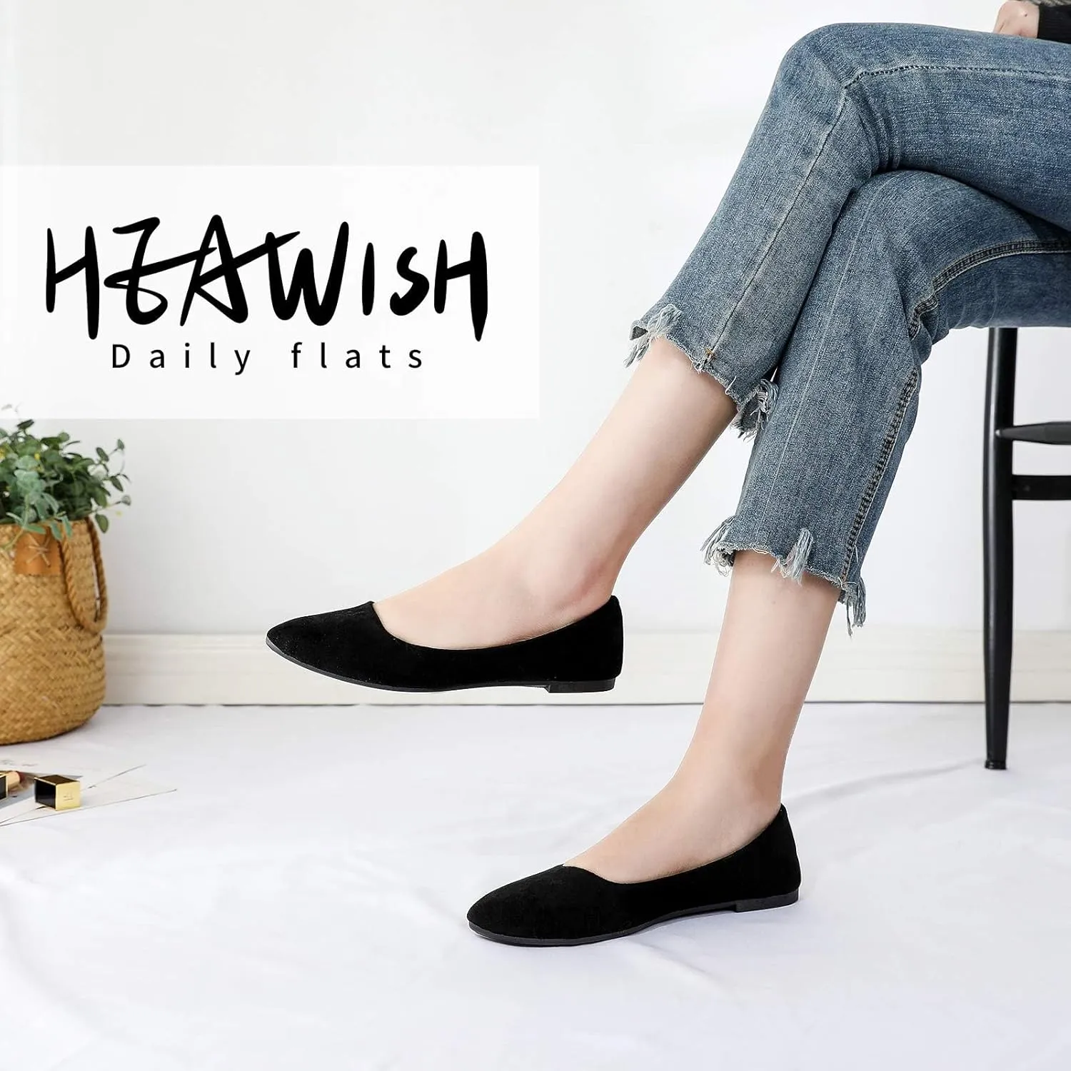 HEAWISH Women’s Black Flats Shoes Comfortable Suede Pointed Toe Slip On Casual Ballet Flats Dress Shoes Nude Flats