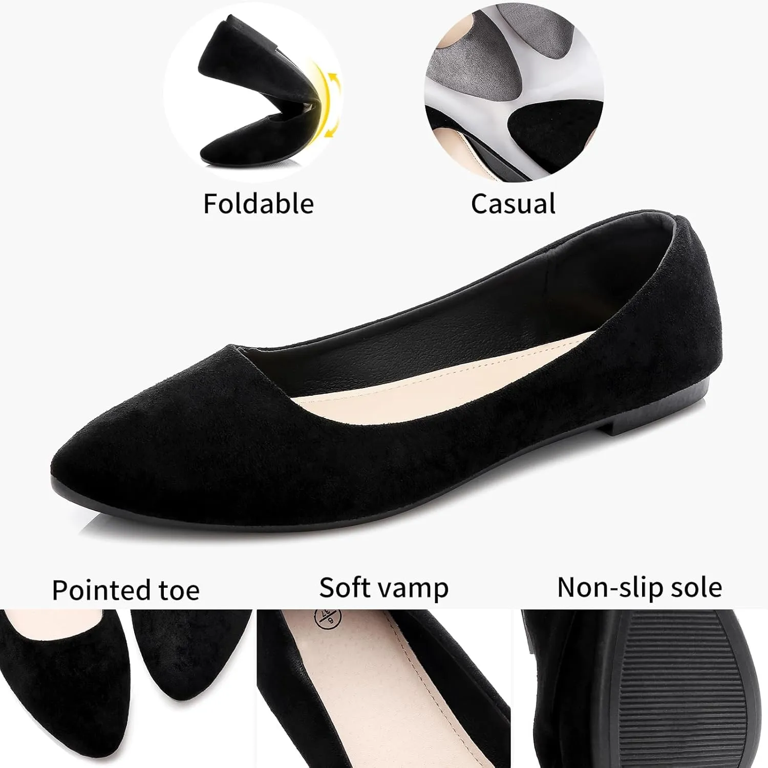HEAWISH Women’s Black Flats Shoes Comfortable Suede Pointed Toe Slip On Casual Ballet Flats Dress Shoes Nude Flats