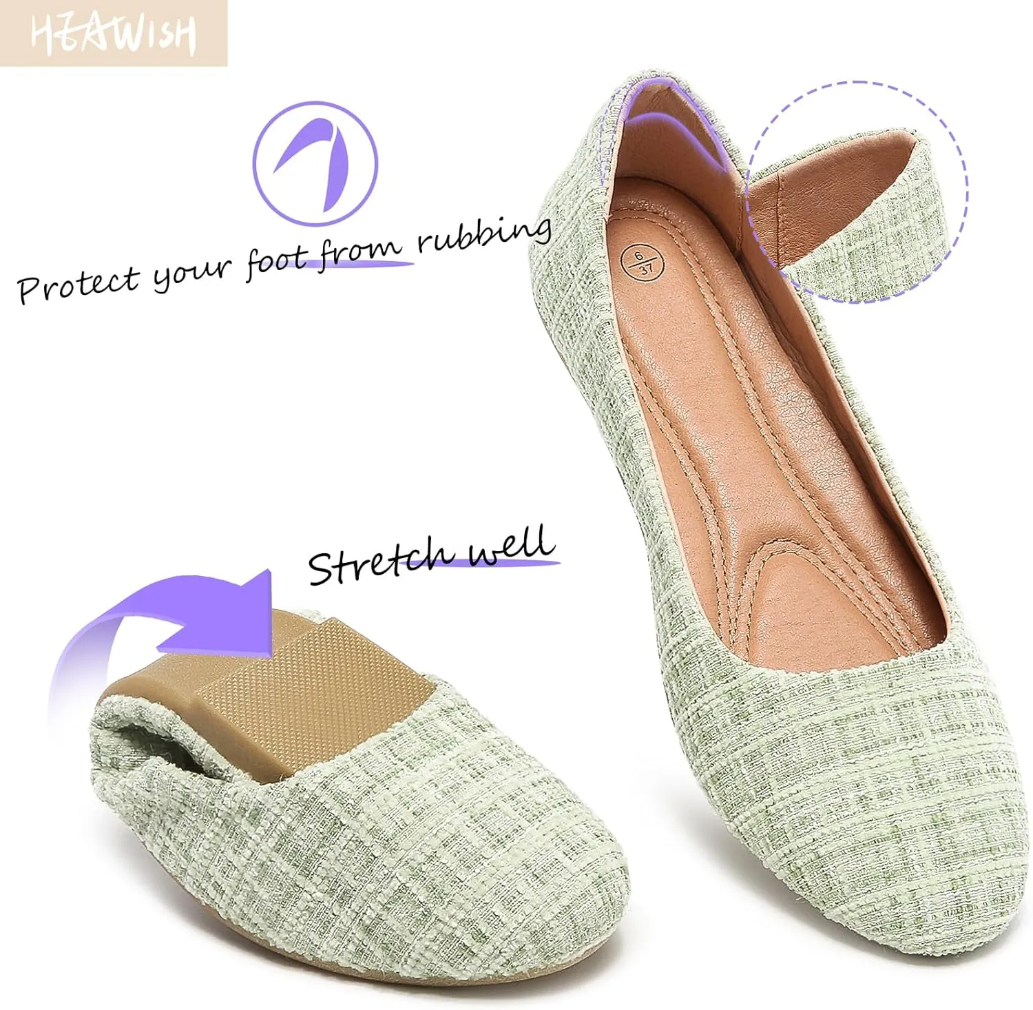 HEAWISH Women’s Round Toe Flats Shoes Ballet Flats Dressy Comfortable White Green Flats for Women