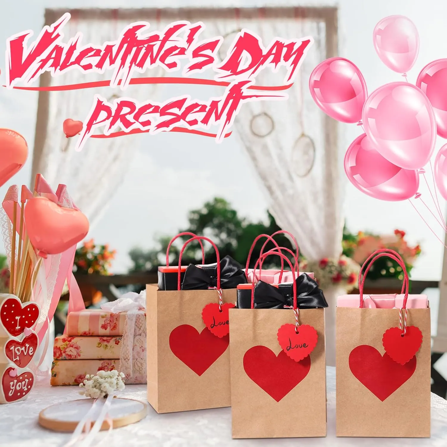 Hillban 24pc Valentine's Day Heart Gift Bags with Tags & Handles, Red & Pink, 6 x 3 x 8 Inch, Multiple Occasions