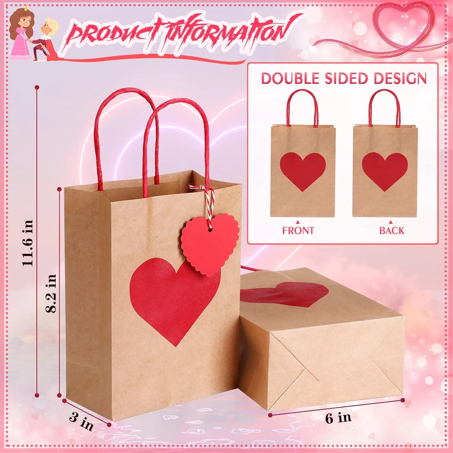 Hillban 24pc Valentine's Day Heart Gift Bags with Tags & Handles, Red & Pink, 6 x 3 x 8 Inch, Multiple Occasions