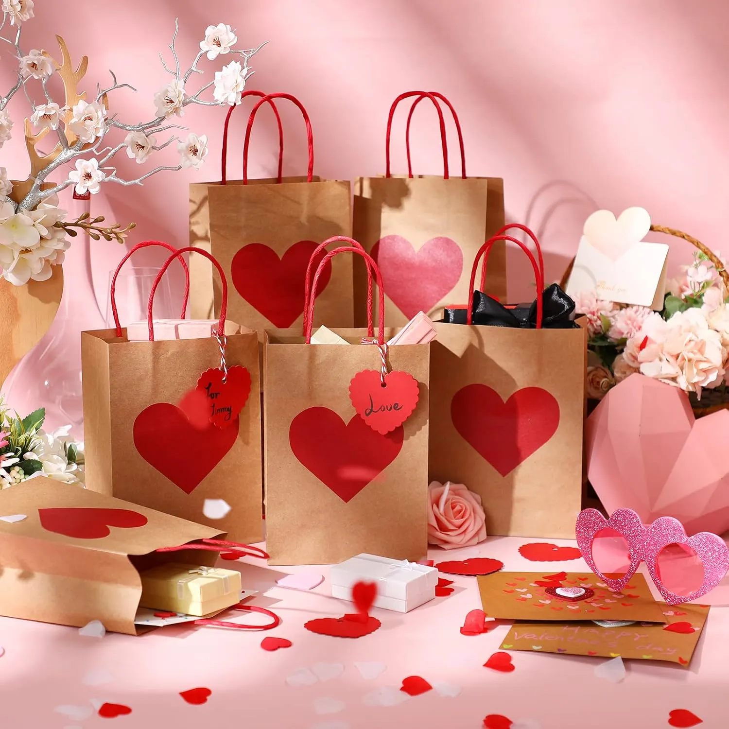 Hillban 24pc Valentine's Day Heart Gift Bags with Tags & Handles, Red & Pink, 6 x 3 x 8 Inch, Multiple Occasions