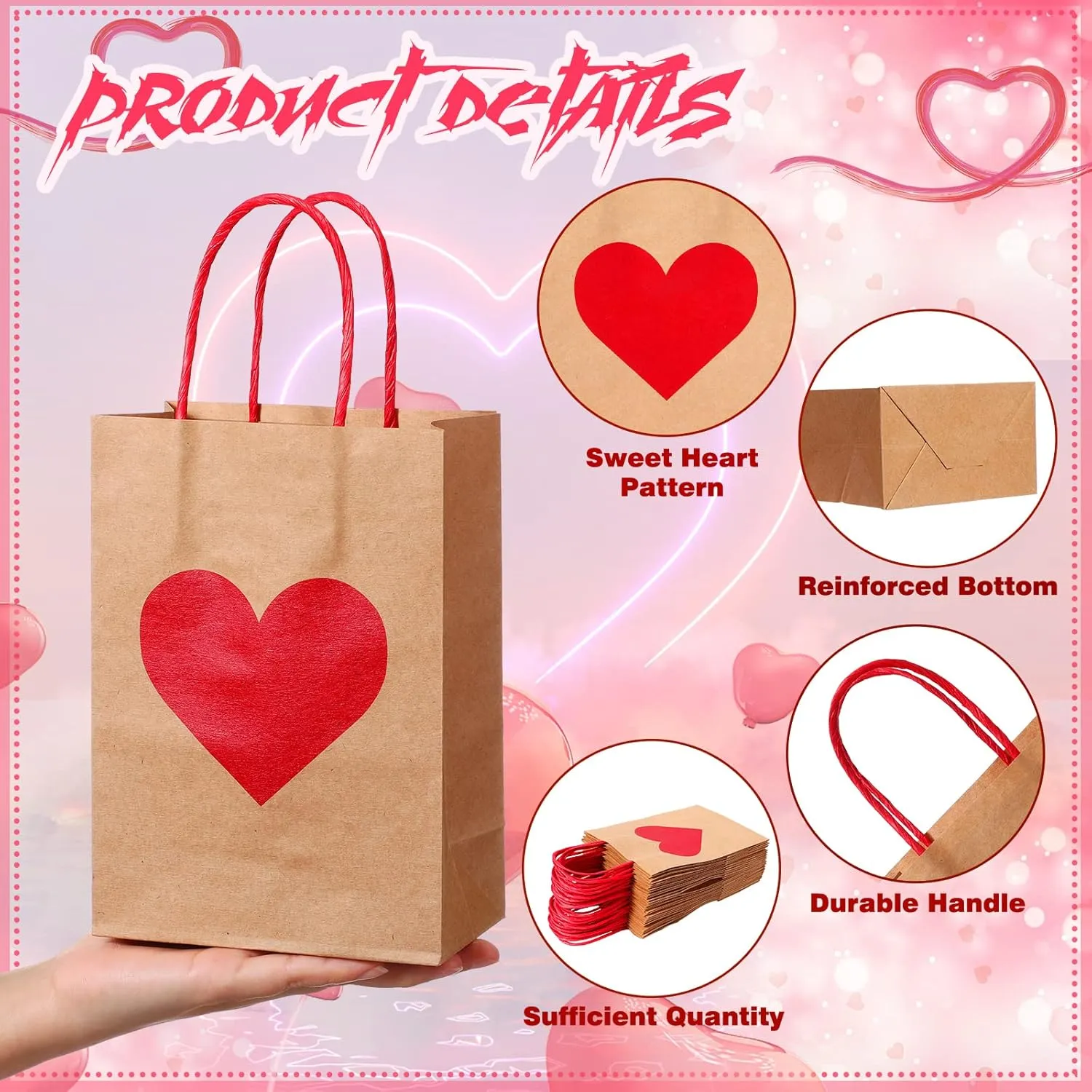 Hillban 24pc Valentine's Day Heart Gift Bags with Tags & Handles, Red & Pink, 6 x 3 x 8 Inch, Multiple Occasions