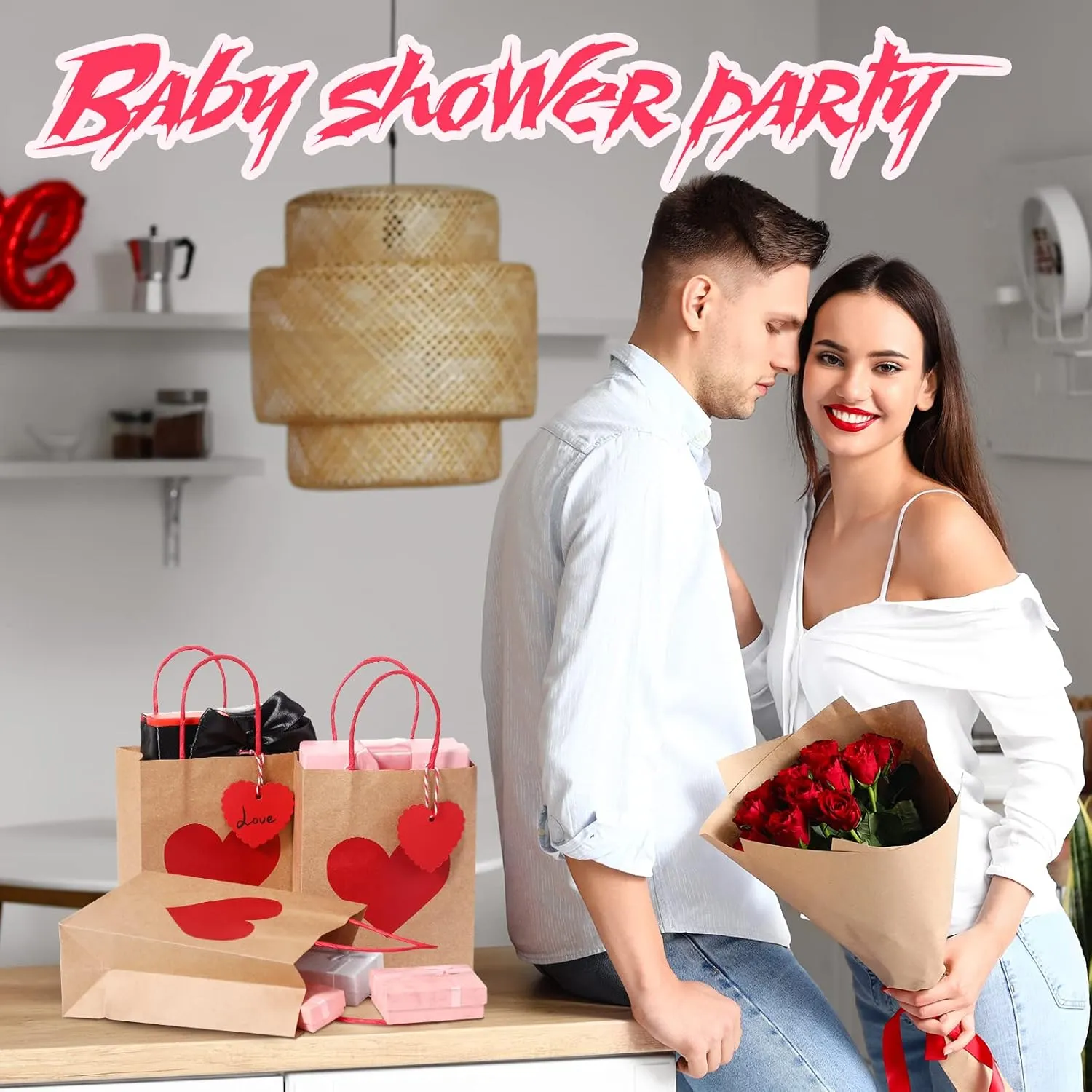 Hillban 24pc Valentine's Day Heart Gift Bags with Tags & Handles, Red & Pink, 6 x 3 x 8 Inch, Multiple Occasions