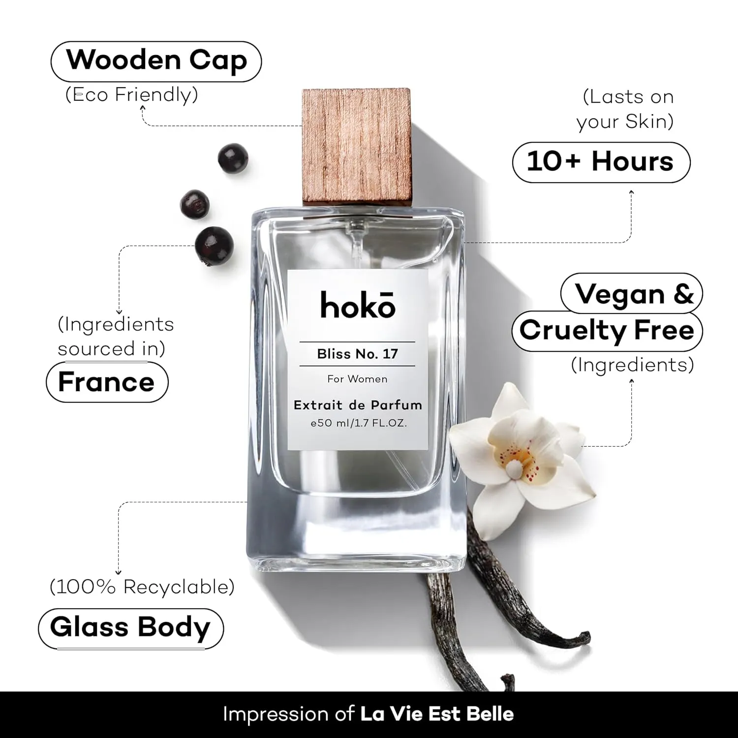HOKO Bliss No. 17 – Premium Impression of La Vie Est Belle | Extrait de Parfum, 1.7 Oz | Black Currant, Jasmine, Vanilla & Patchouli | Long-Lasting Inspired Perfume for Women | Paraben Free, Skin Safe