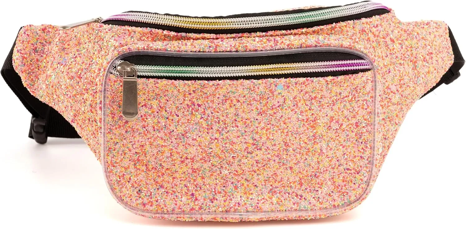 Holographic Rave Pink Rainbow Gravel Glitter Fanny Pack For Women Grils Festival Waist Belt Bags -Pink Rainbow Gravel