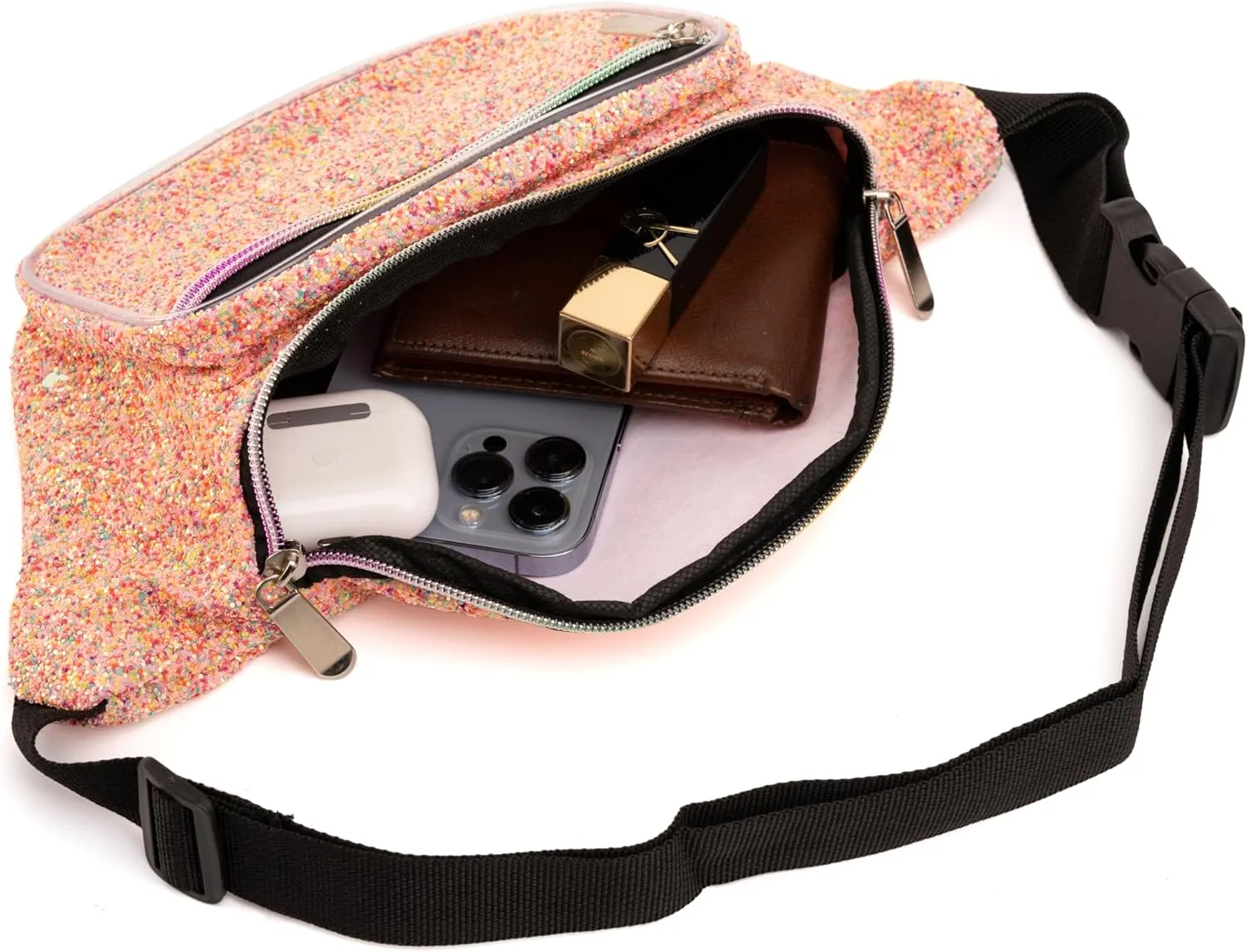 Holographic Rave Pink Rainbow Gravel Glitter Fanny Pack For Women Grils Festival Waist Belt Bags -Pink Rainbow Gravel