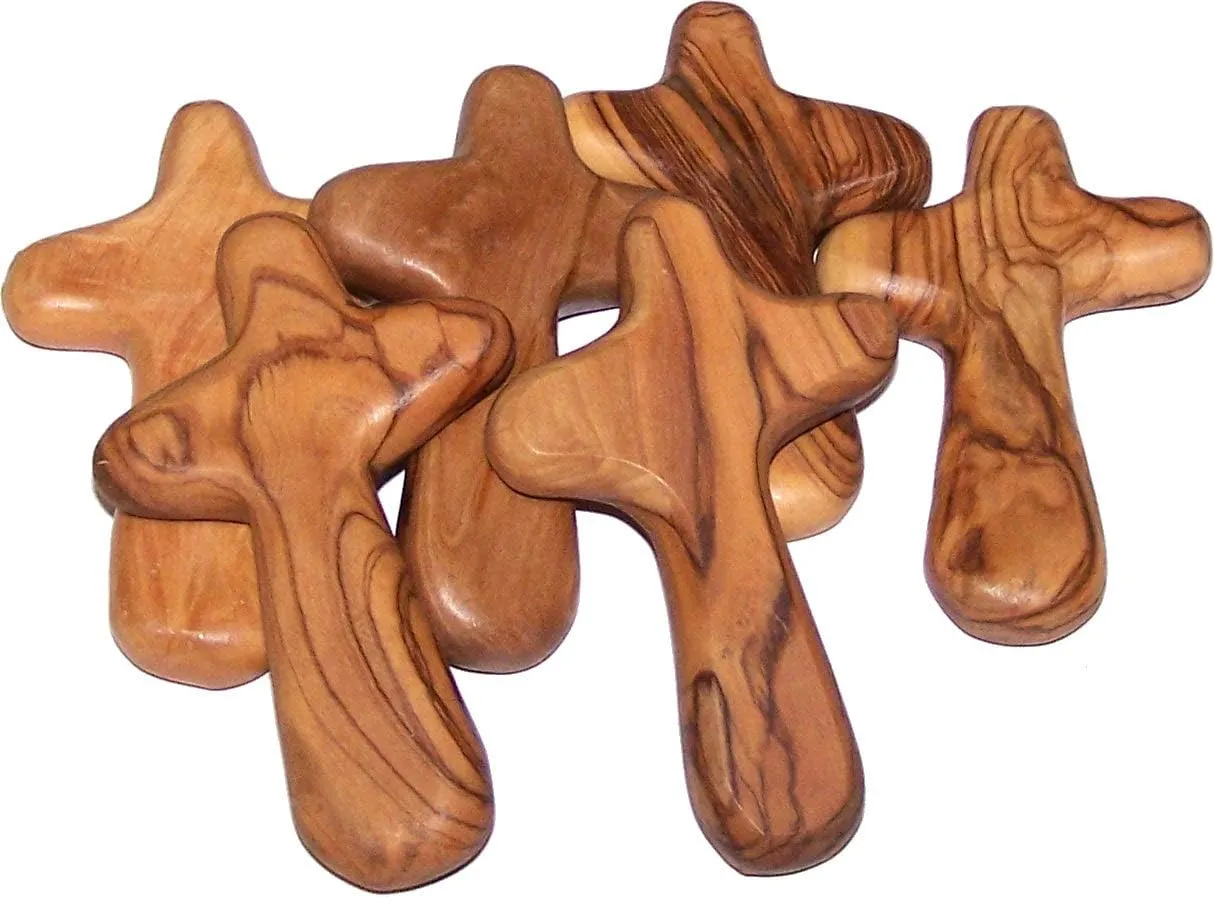 Holy Land Market 6 large handheld olive wood holding comfort Crosses with bags and certificates