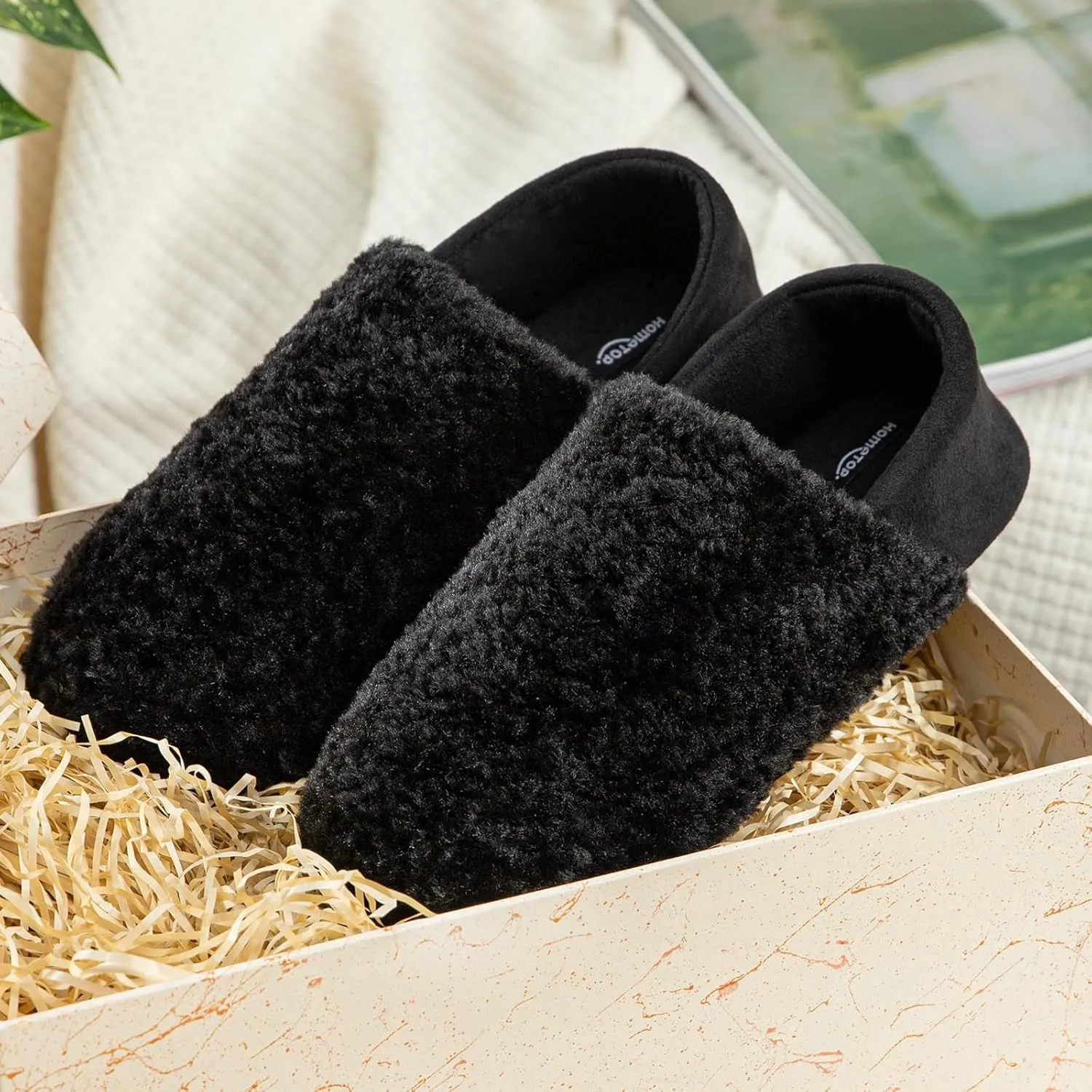 HomeTop Women's Plush Slippers with Collapsible Microsuede Heel Indoor House Shoes