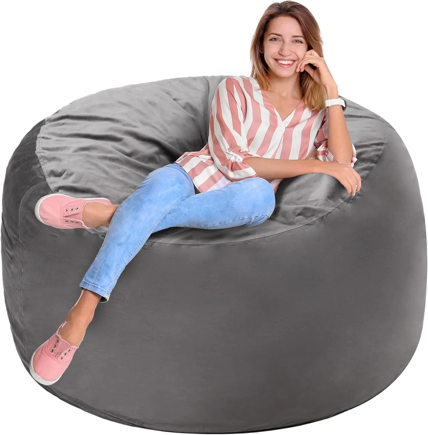 Homguava 3FT Bean Bag Chair: 3' Bean Bags with Memory Foam Filled, Large Beanbag Chairs Soft Sofa with Dutch Velvet Cover-Grey