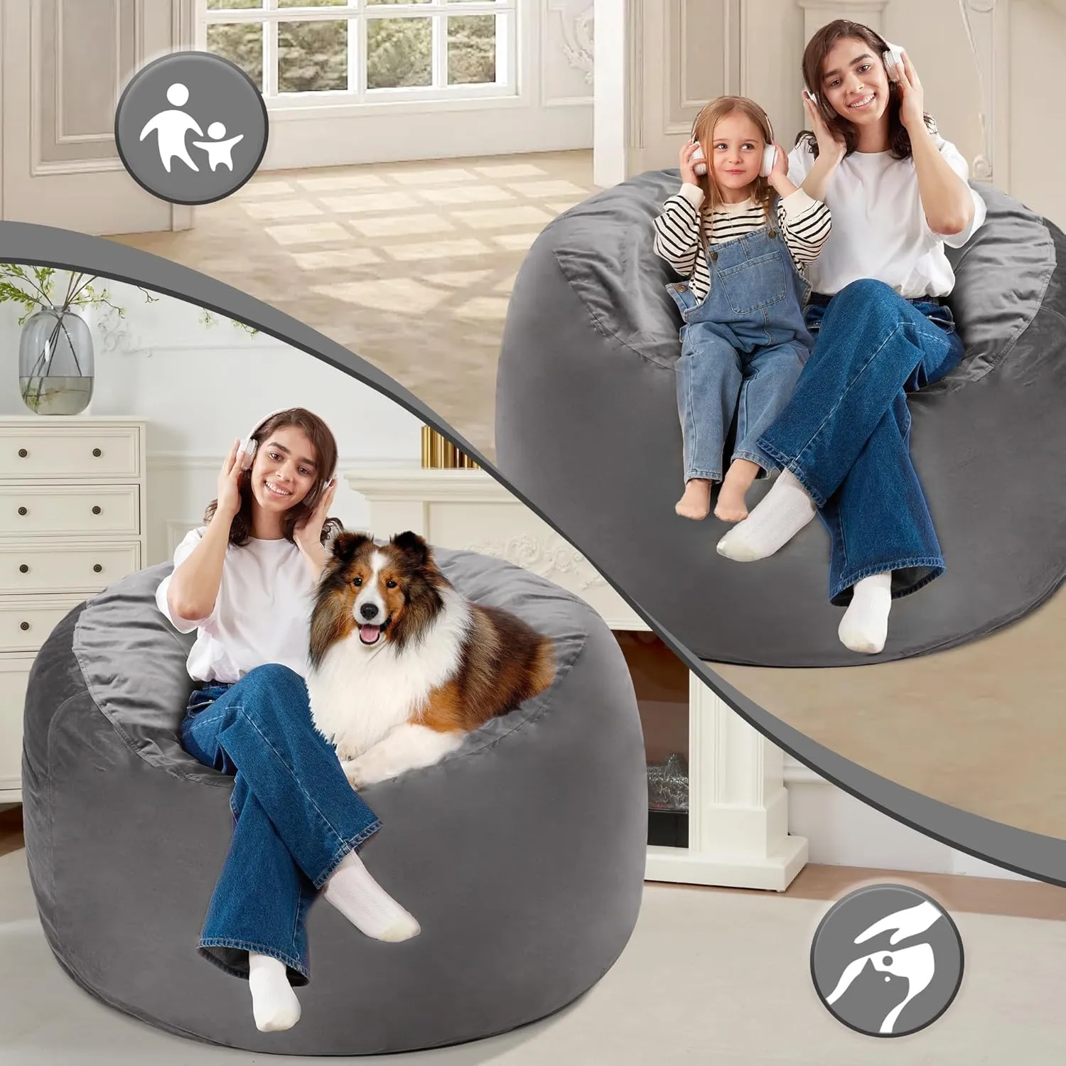 Homguava 3FT Bean Bag Chair: 3' Bean Bags with Memory Foam Filled, Large Beanbag Chairs Soft Sofa with Dutch Velvet Cover-Grey