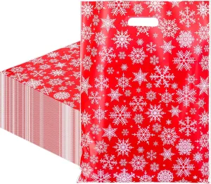Honoson 100 Pieces Christmas Plastic Gift Bags Bulk 12 x 15 Inch Snowflake Merchandise Xmas Reusable Goodie Treat Bags with Handle for Shopping Boutique Retail Christmas Party Favor Supplies