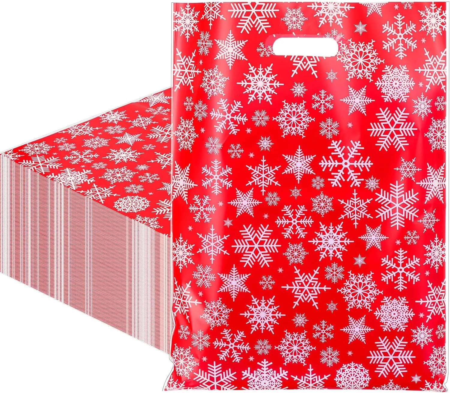 Honoson 100 Pieces Christmas Plastic Gift Bags Bulk 12 x 15 Inch Snowflake Merchandise Xmas Reusable Goodie Treat Bags with Handle for Shopping Boutique Retail Christmas Party Favor Supplies