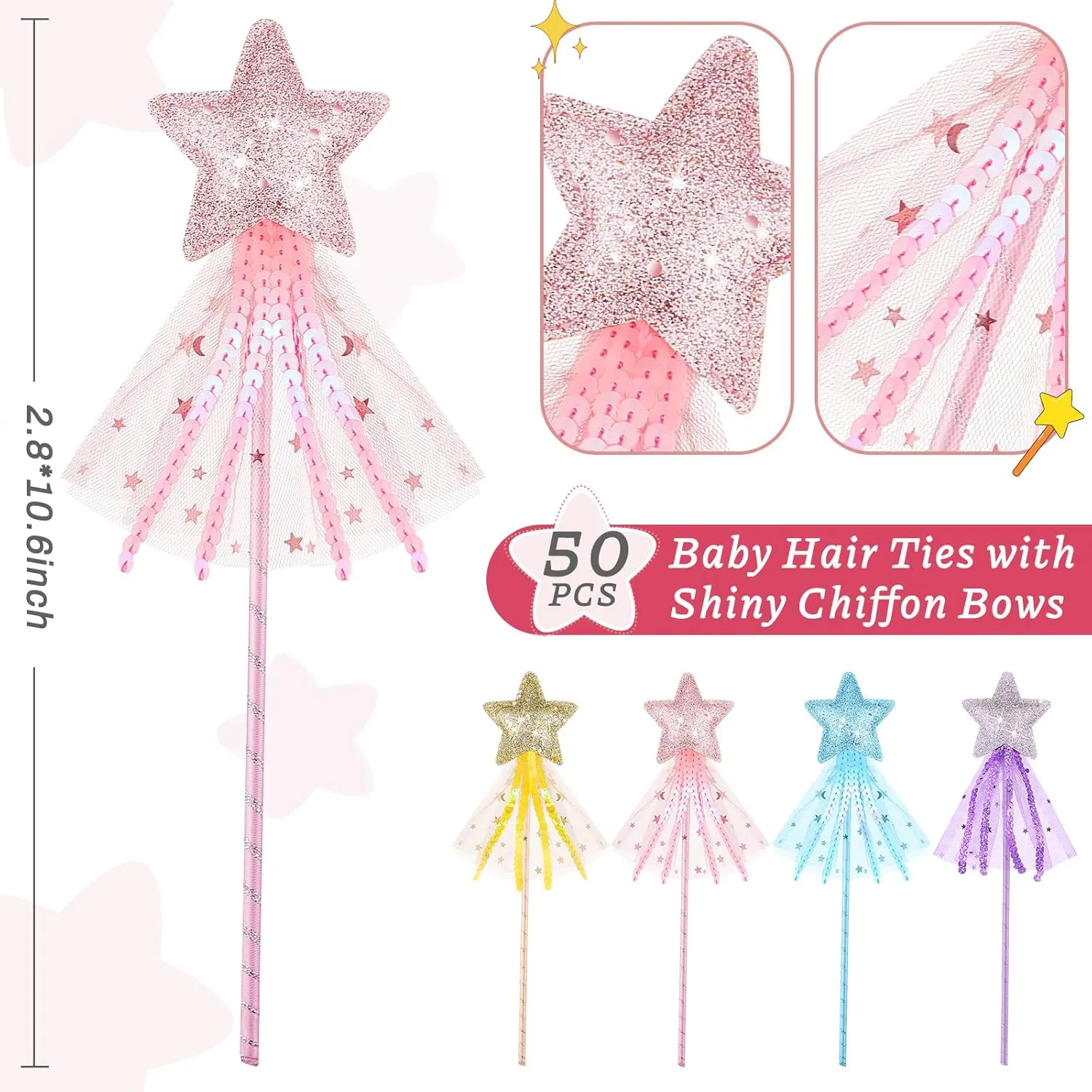 Honoson 24 Pcs Glitter Star Magic Wand Princess Wand Fairy Angel Star Stick with Ribbon for Girl Kid Birthday Wedding Princess Dress up Role Play Party Supply Favor, Pink Purple Gold Blue