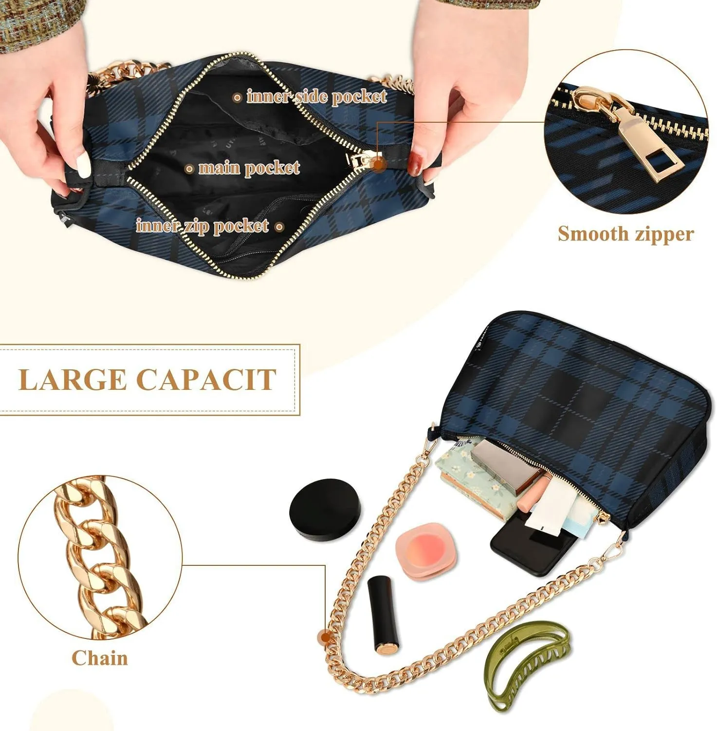 Houndstooth Shoulder Bag for Women Fabric Crescent Handbag with Zipper Chain Clutch Purses