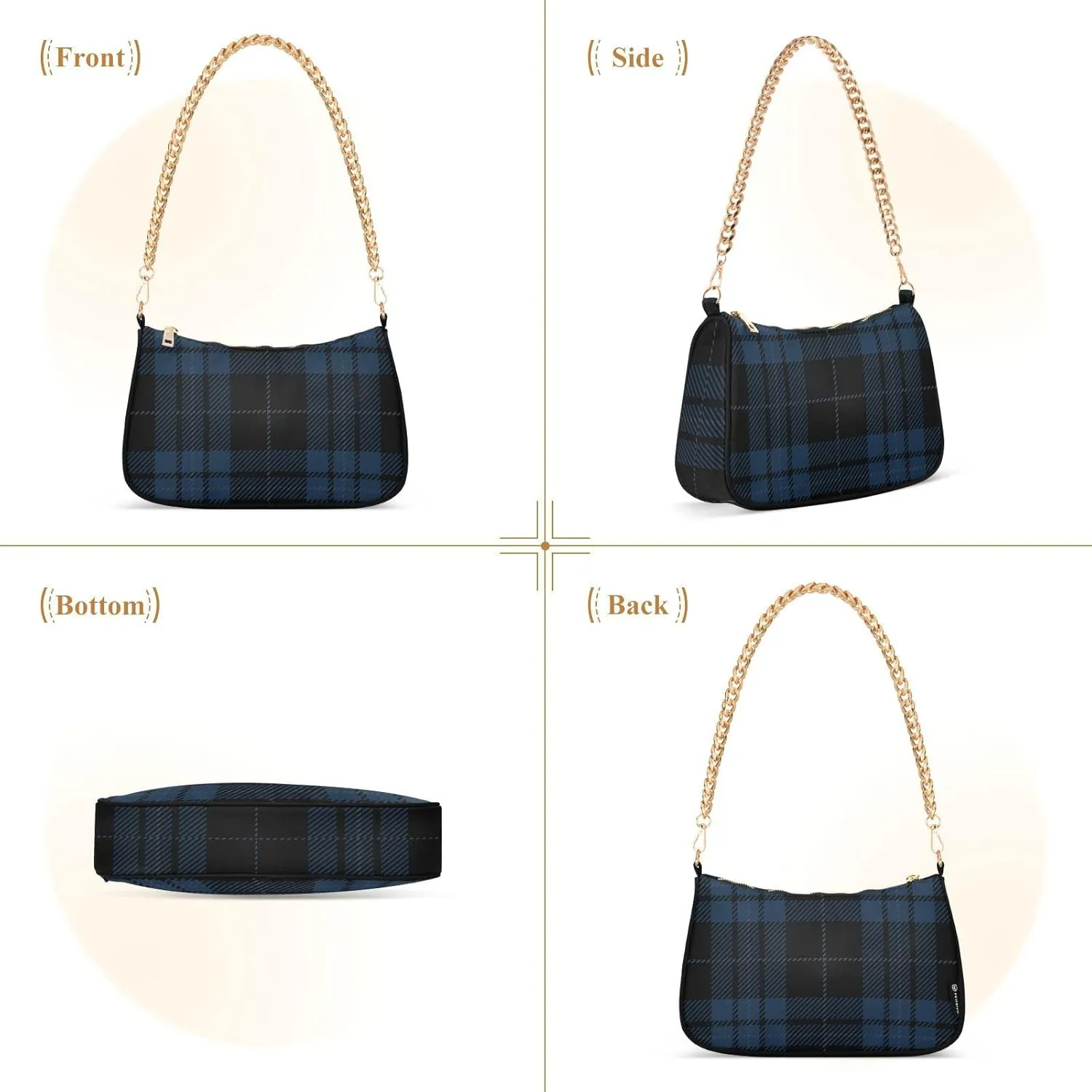 Houndstooth Shoulder Bag for Women Fabric Crescent Handbag with Zipper Chain Clutch Purses