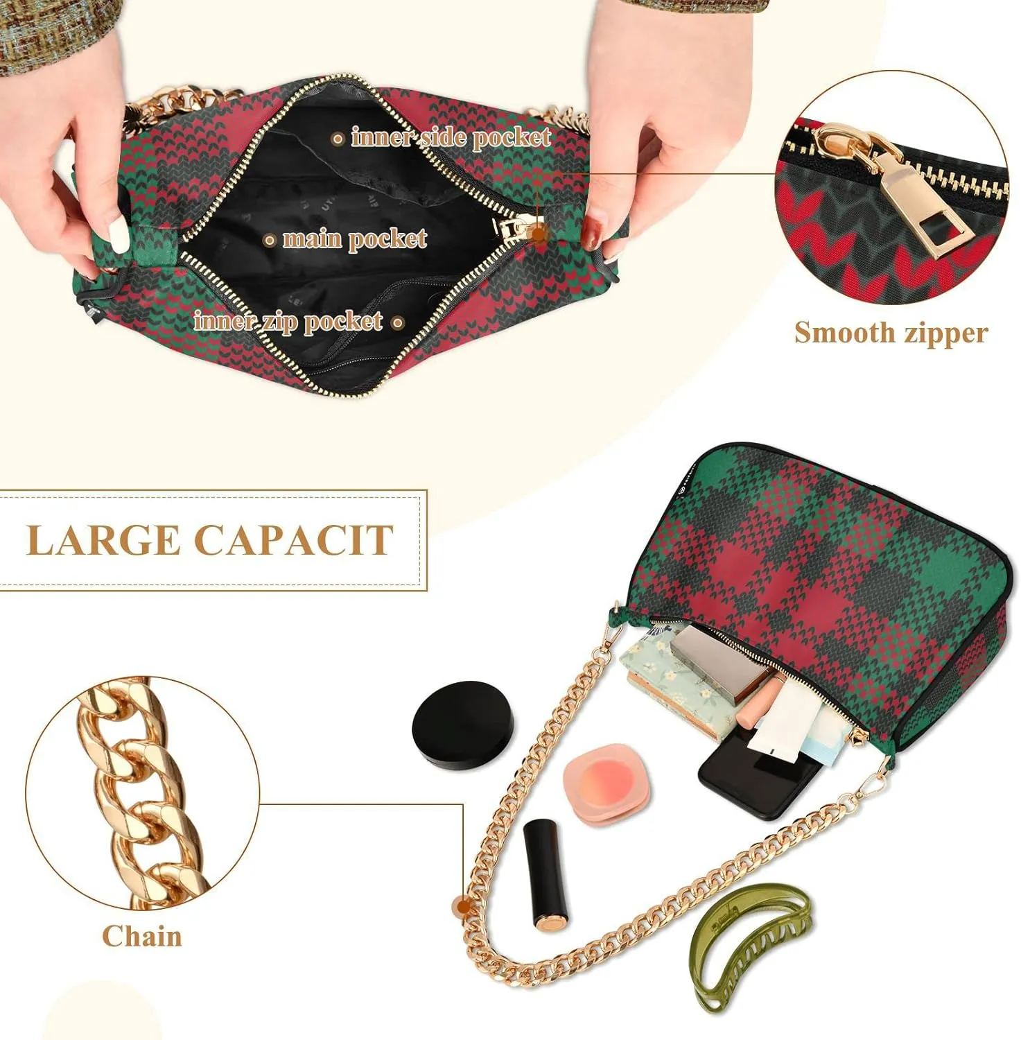 Houndstooth Shoulder Bag for Women Fabric Crescent Handbag with Zipper Chain Clutch Purses