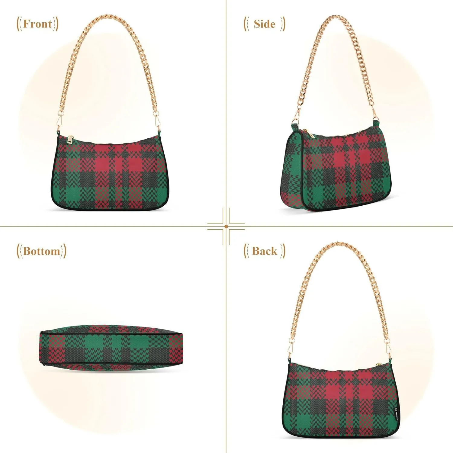 Houndstooth Shoulder Bag for Women Fabric Crescent Handbag with Zipper Chain Clutch Purses