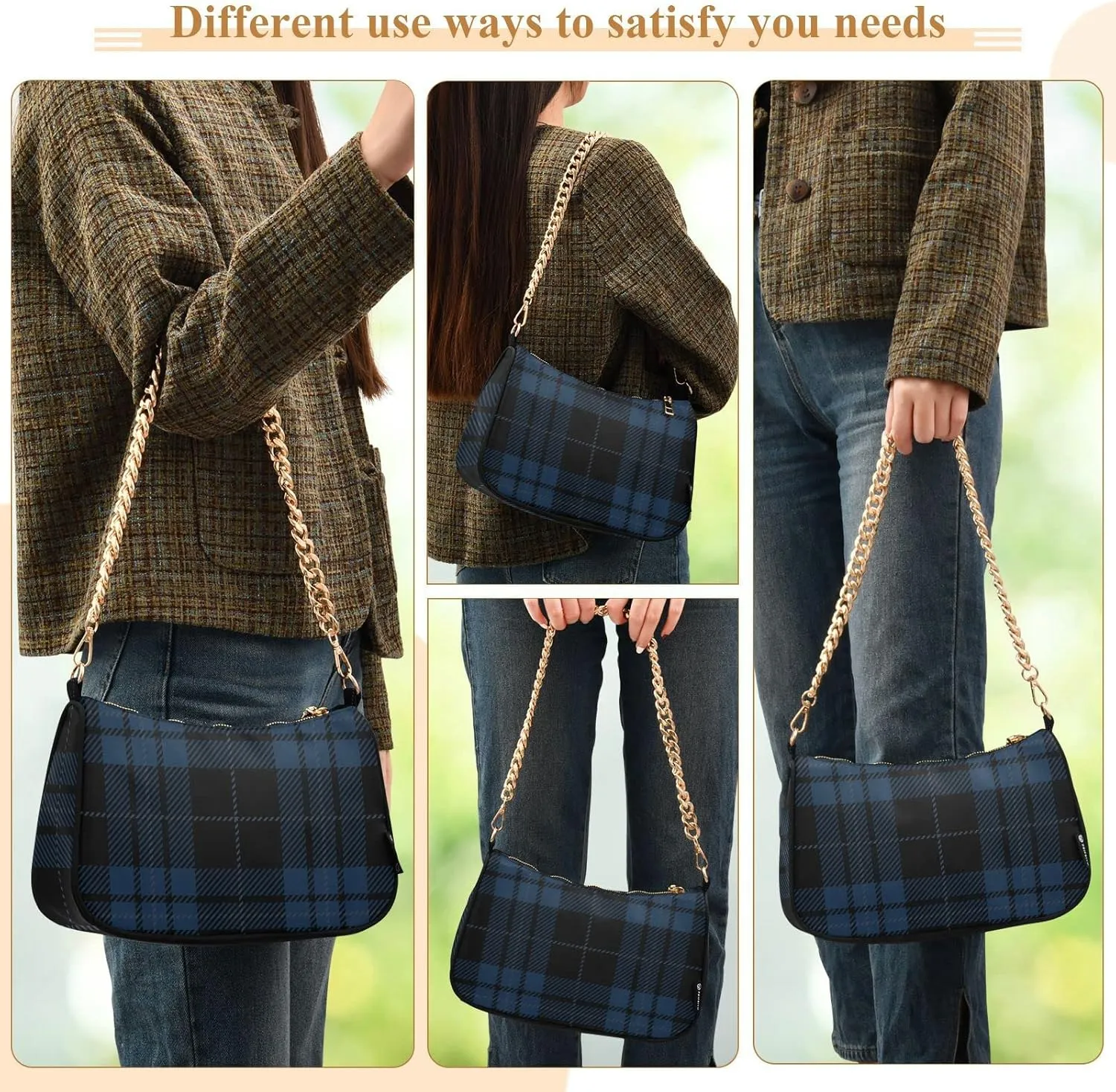 Houndstooth Shoulder Bag for Women Fabric Crescent Handbag with Zipper Chain Clutch Purses