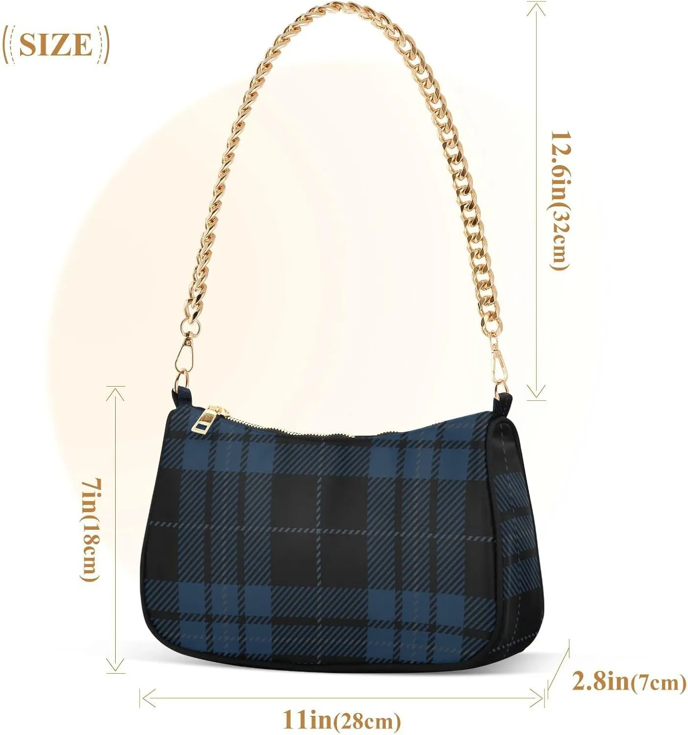 Houndstooth Shoulder Bag for Women Fabric Crescent Handbag with Zipper Chain Clutch Purses