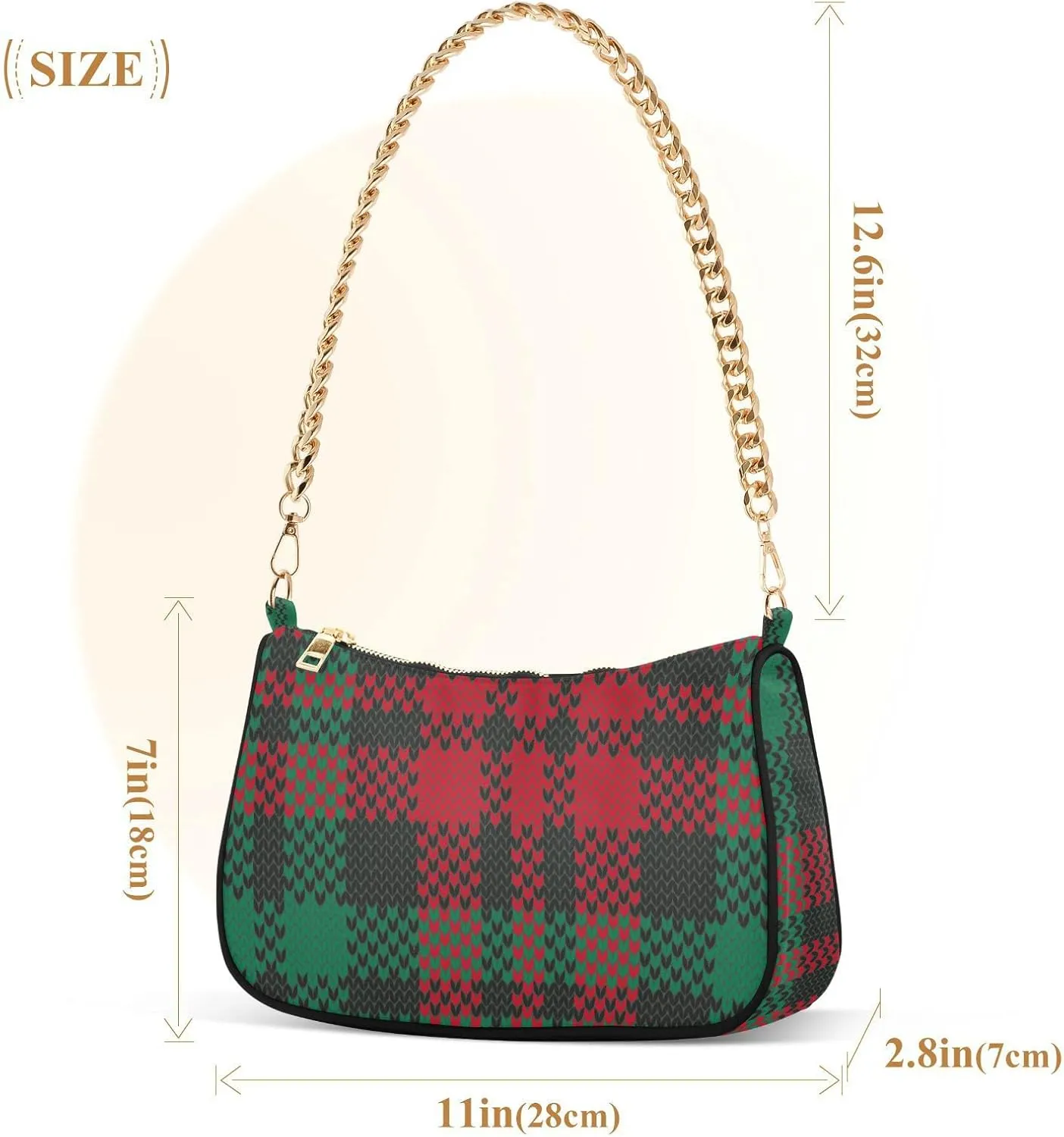 Houndstooth Shoulder Bag for Women Fabric Crescent Handbag with Zipper Chain Clutch Purses