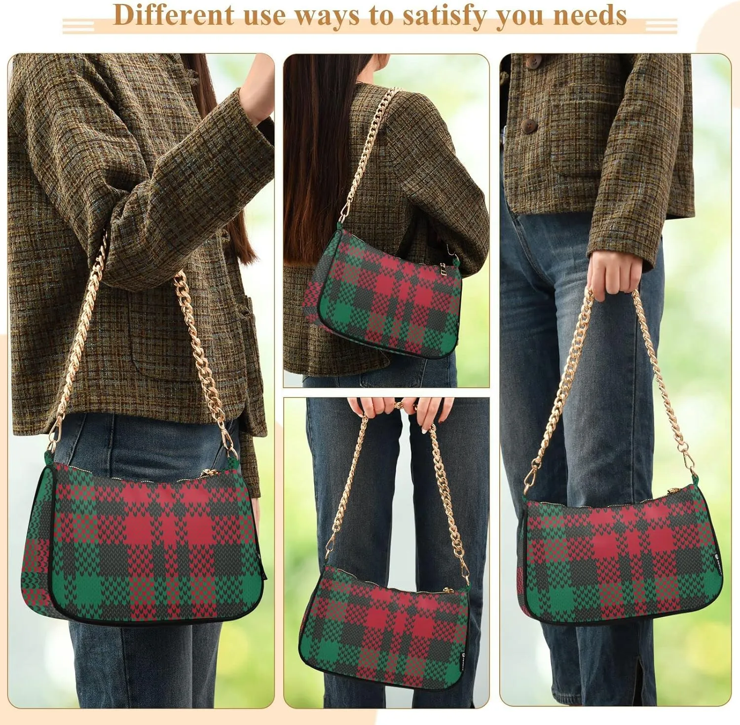 Houndstooth Shoulder Bag for Women Fabric Crescent Handbag with Zipper Chain Clutch Purses