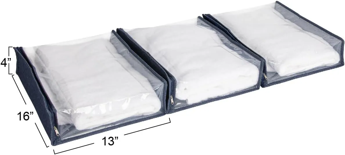 Household Essentials Under Bed Zippered Sweater Storage Bags with Clear Vision Panel, Set of 3, Denim