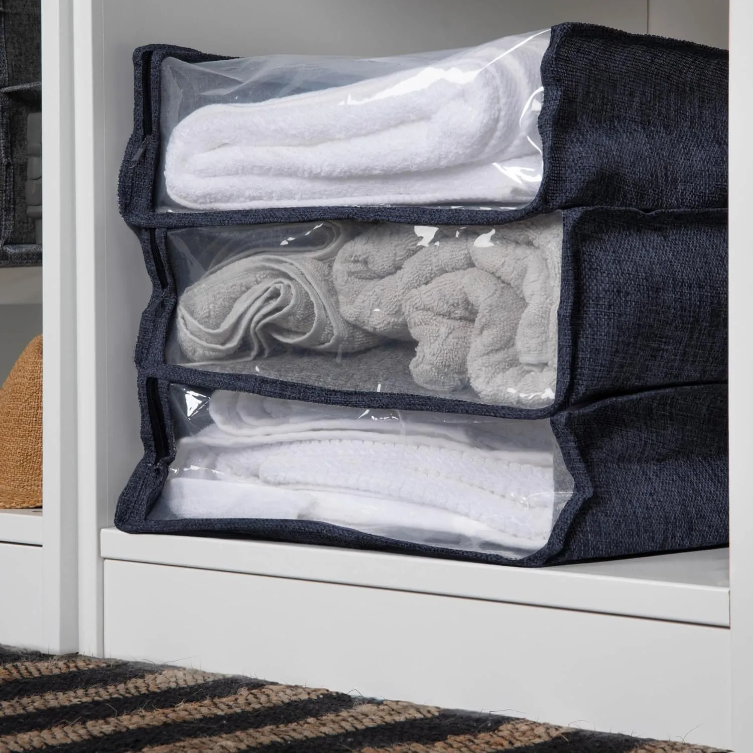 Household Essentials Under Bed Zippered Sweater Storage Bags with Clear Vision Panel, Set of 3, Denim