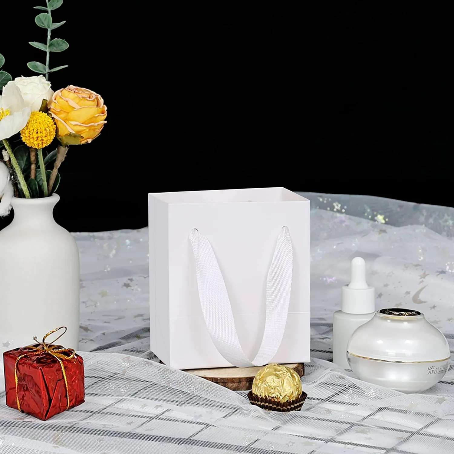 HUAPRINT White Gift Bags,12 Pack Small White Paper Bags with Handles Bulk-4x2.75x4.5 inch,Mini Party Favors Bags for Presents,Birthday,Weddings,Baby Showers