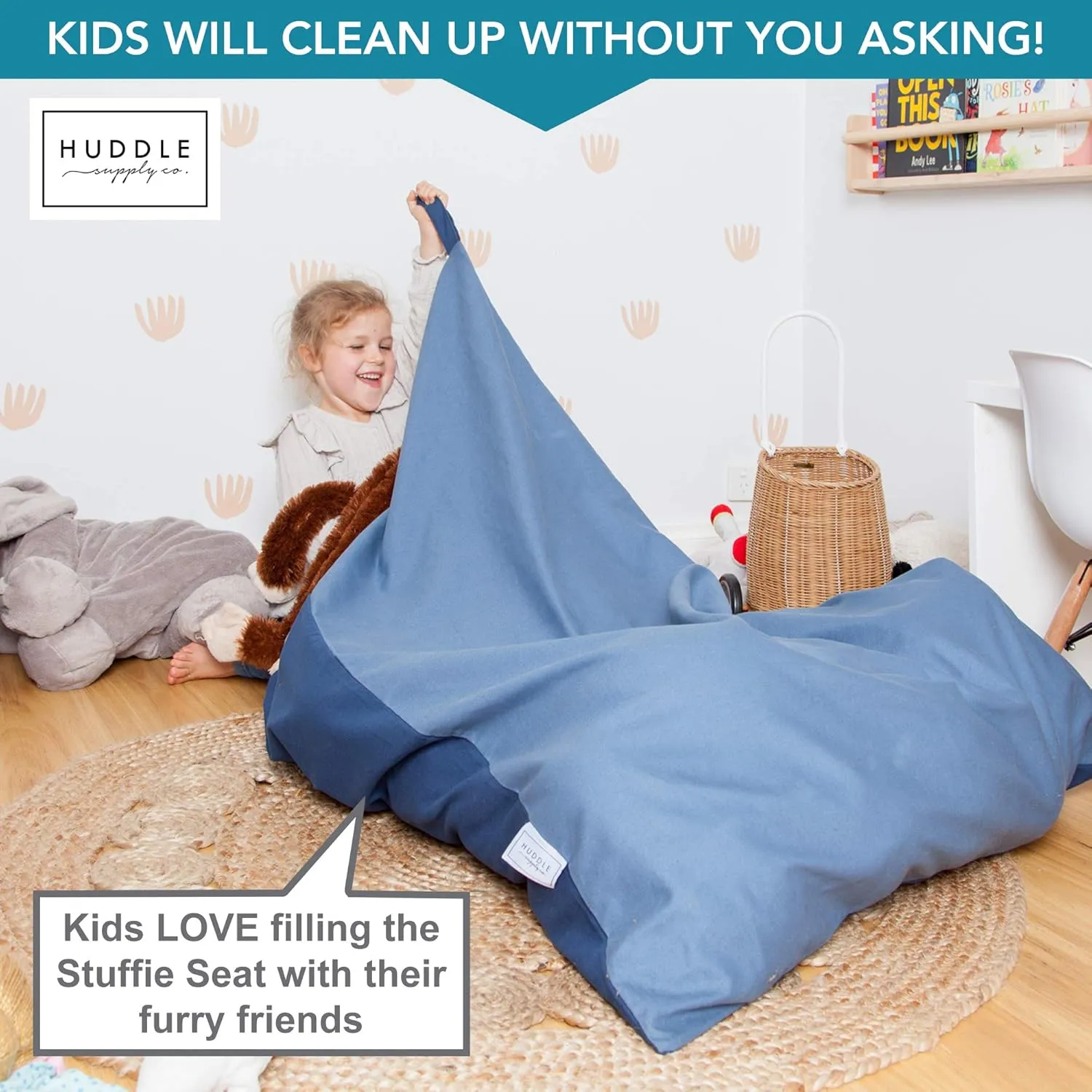 Huddle Original Stuffed Animal Bean Bag Storage Extra Large Designer Beanbag Chairs for Kids Teens & Adults | Instant Clutter Clear for Stylish Moms - Stuffed Animal Storage Bean Bag Chair Blue Denim