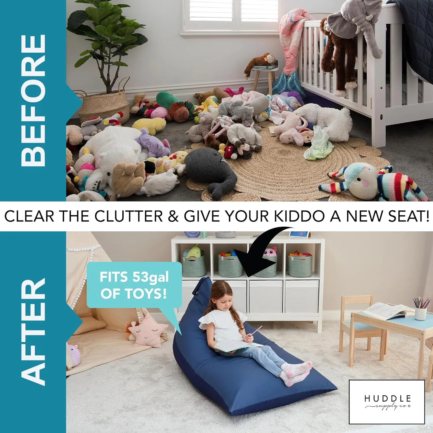 Huddle Original Stuffed Animal Bean Bag Storage Extra Large Designer Beanbag Chairs for Kids Teens & Adults | Instant Clutter Clear for Stylish Moms - Stuffed Animal Storage Bean Bag Chair Blue Denim